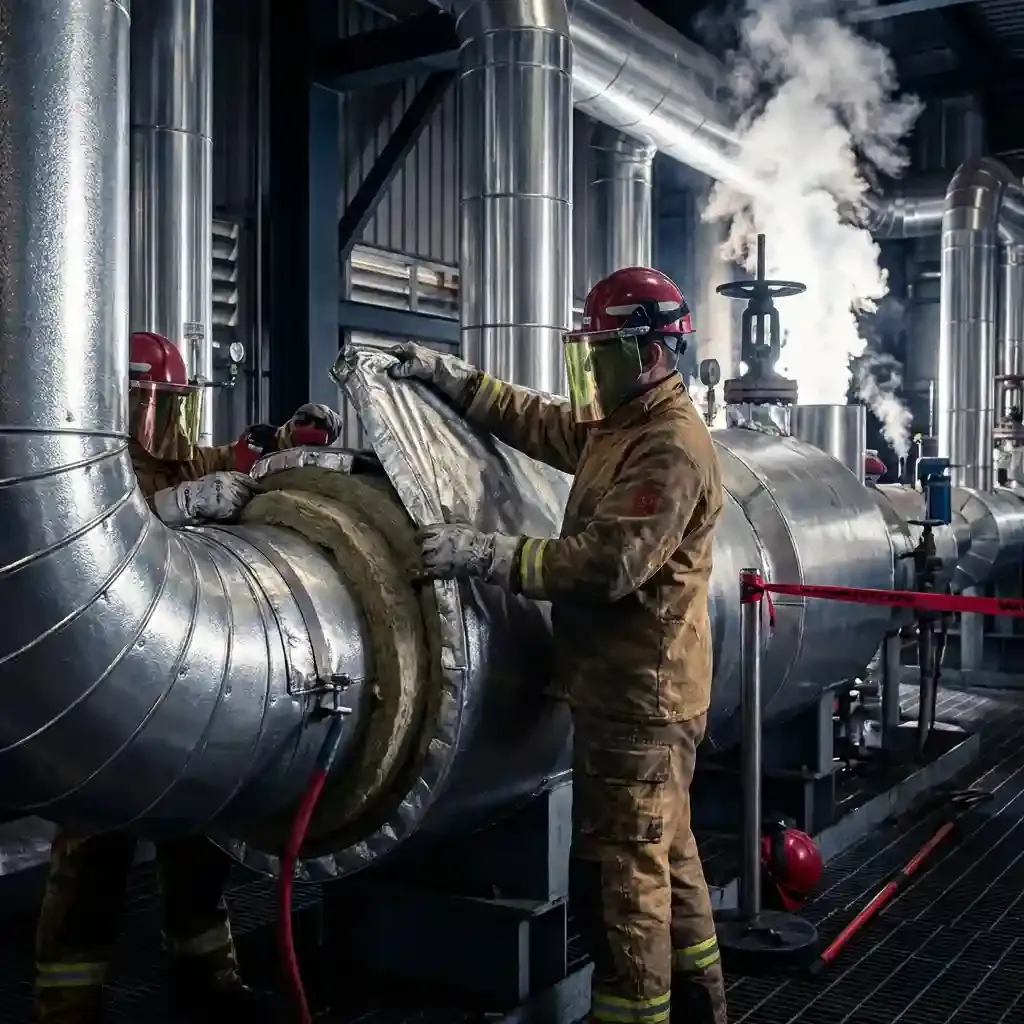 Workers installing thermal insulation on industrial pipes at a power plant