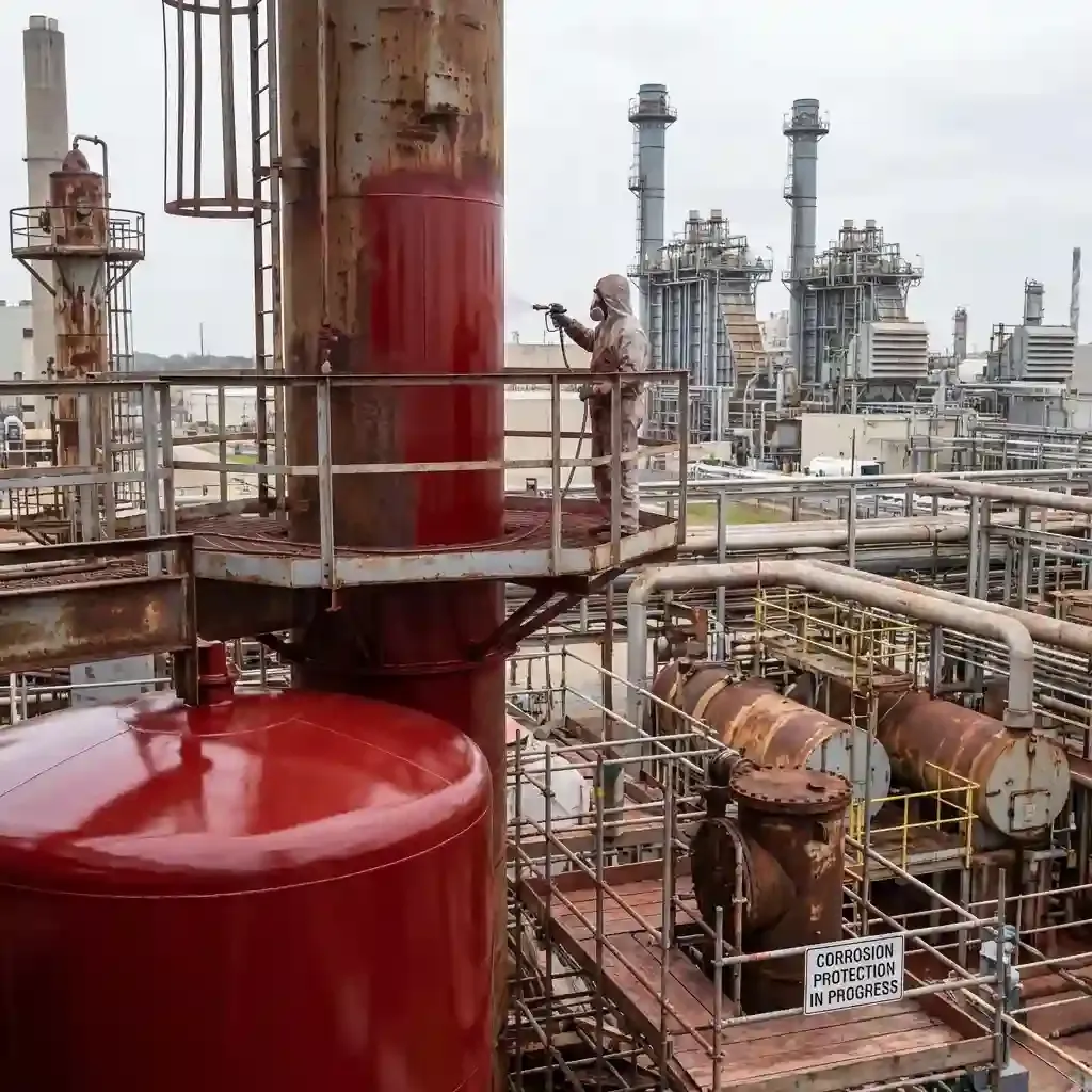Industrial painting of equipment showing crimson protective coating being applied