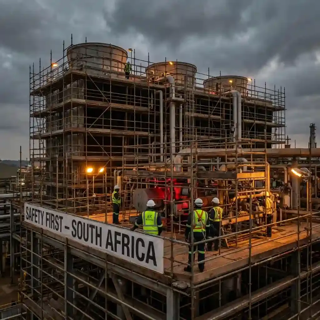 Industrial scaffolding at a petrochemical plant with workers in safety gear